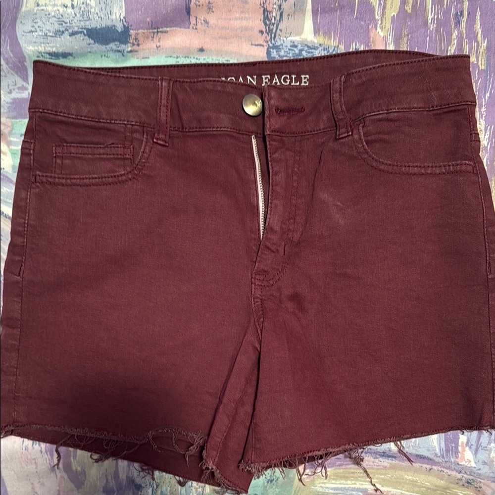 American Eagle Outfitters Red Jean Shorts Distressed Hem